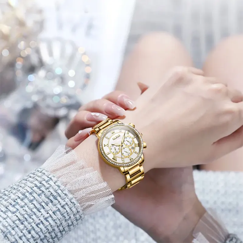 Olevs Chronograph White Dial Gold-tone Ladies Watch- 9976